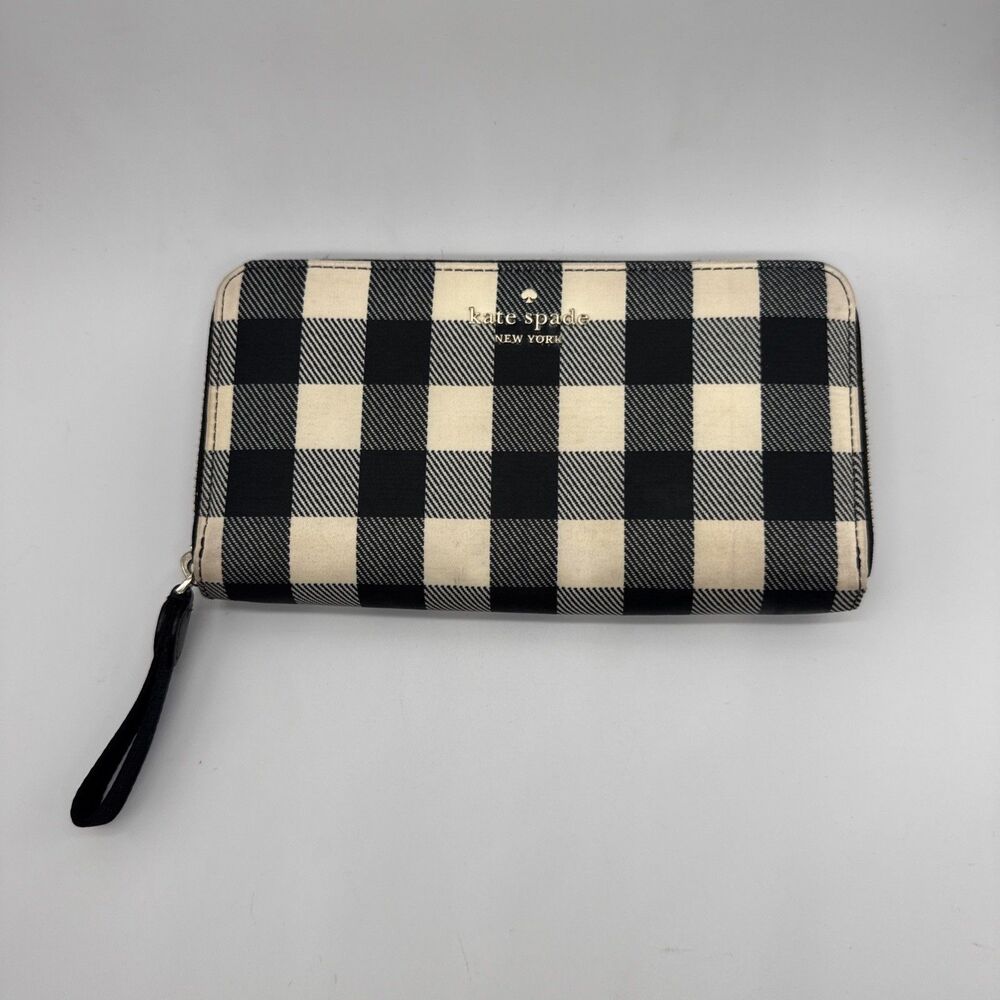 Kate Spade KC646 Chelsea Textured Gingham Continental Black White Plaid Wallet
